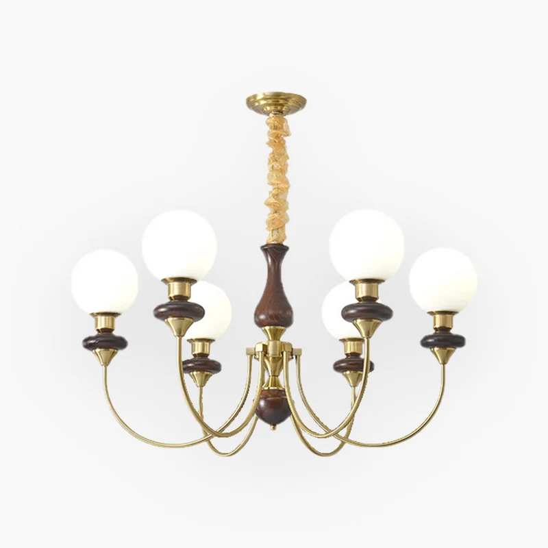 Chandelier French Mid-Century Wood Glass Ball, 2 Colors