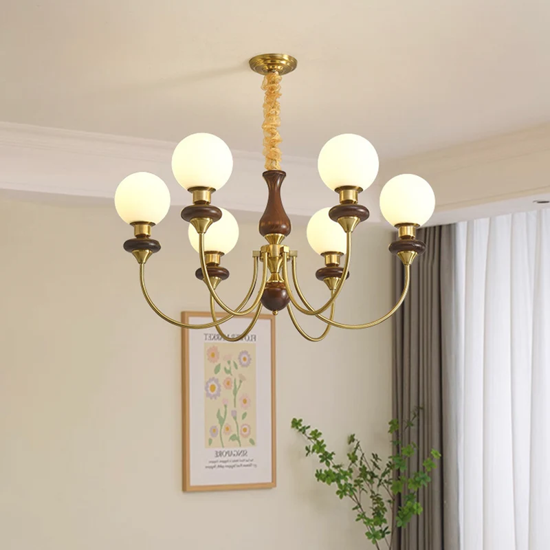 Chandelier French Mid-Century Wood Glass Ball, 2 Colors
