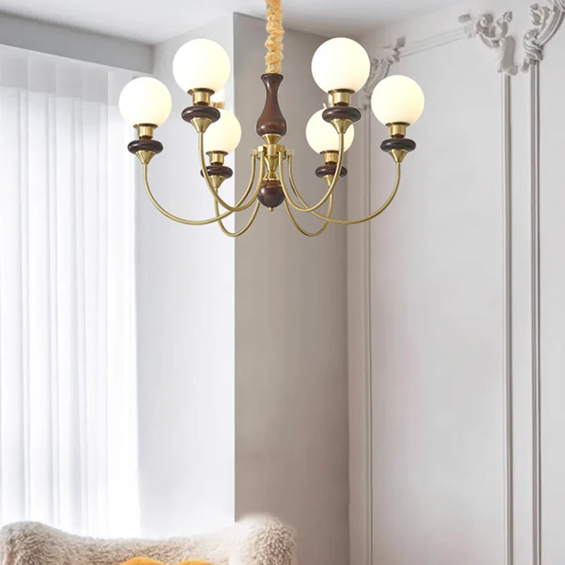 Chandelier French Mid-Century Wood Glass Ball, 2 Colors