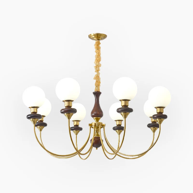 Chandelier French Mid-Century Wood Glass Ball, 2 Colors