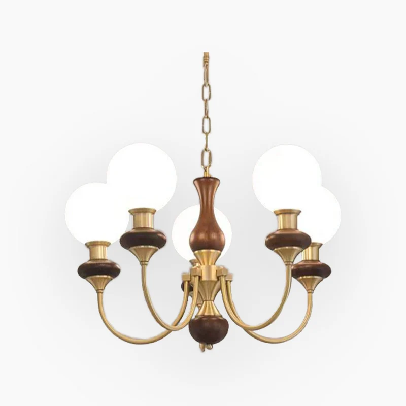 Chandelier French Mid-Century Wood Glass Ball, 2 Colors