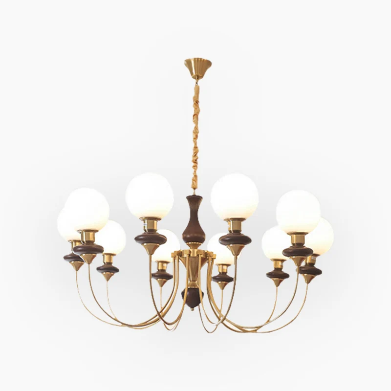 Chandelier French Mid-Century Wood Glass Ball, 2 Colors