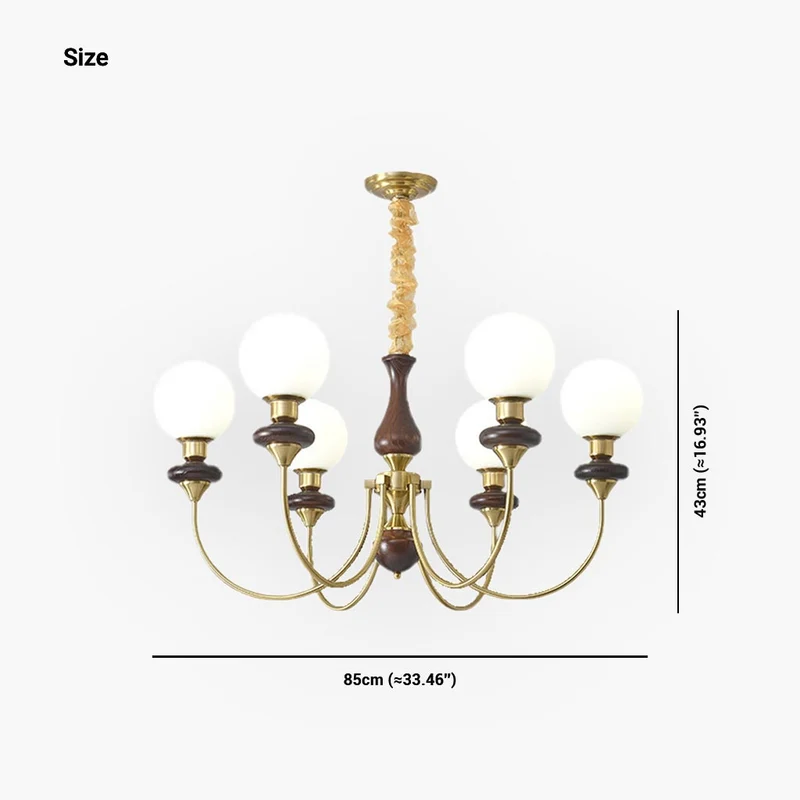 Chandelier French Mid-Century Wood Glass Ball, 2 Colors