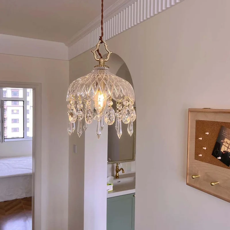 Pendant Light French Retro Brass Crystal Glass