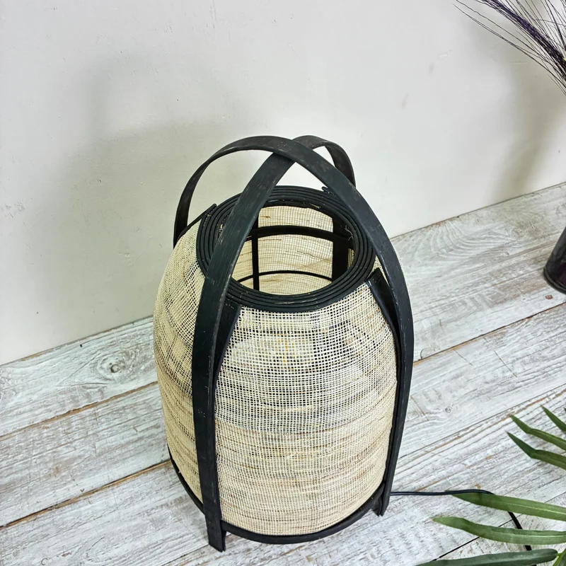 KidsDepot Tischlampe Beige Schwarz Boho Bambus Rattan Jute Natur