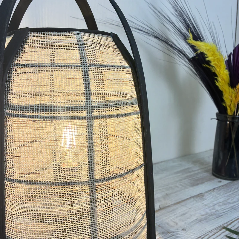 KidsDepot Tischlampe Beige Schwarz Boho Bambus Rattan Jute Natur
