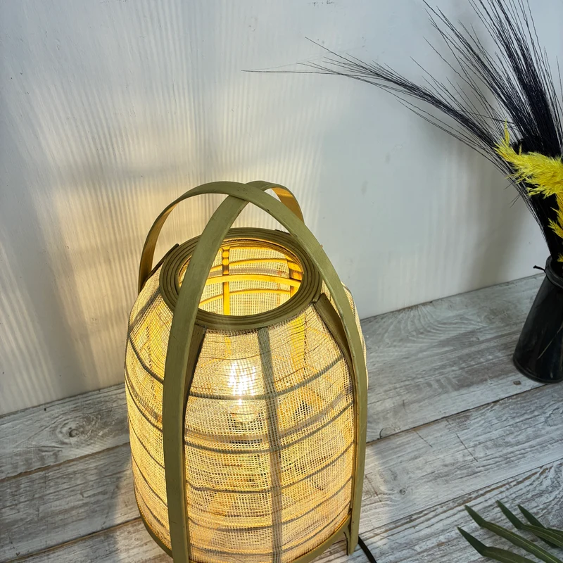 KidsDepot Tischlampe Boho Bambus Rattan Jute Natur