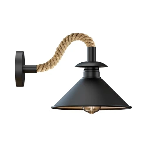 Schwarz Wandleuchte mit Hanfseil ~3528