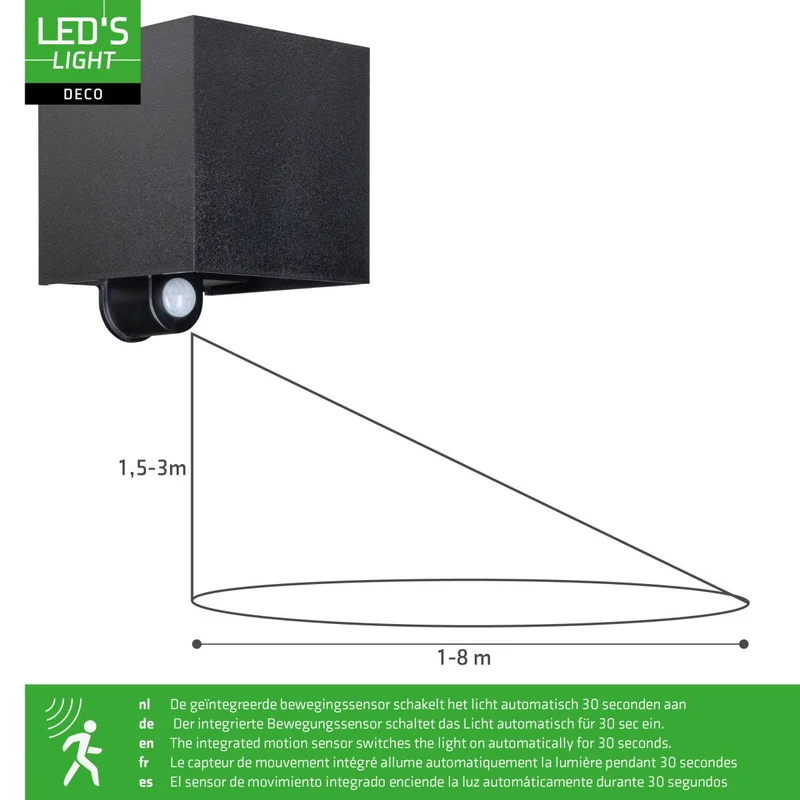 Lumo Qube Sensor-Wandleuchte für den Außenbereich mit Lichtquelle – 380 lm, 1800 K – Schwarz