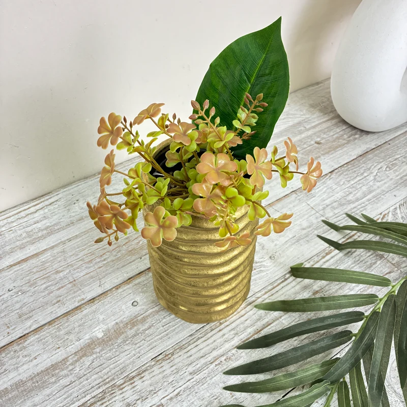 PTMD Lodas Blumentopf Gold Vase Strukturierte Rillenform Deko