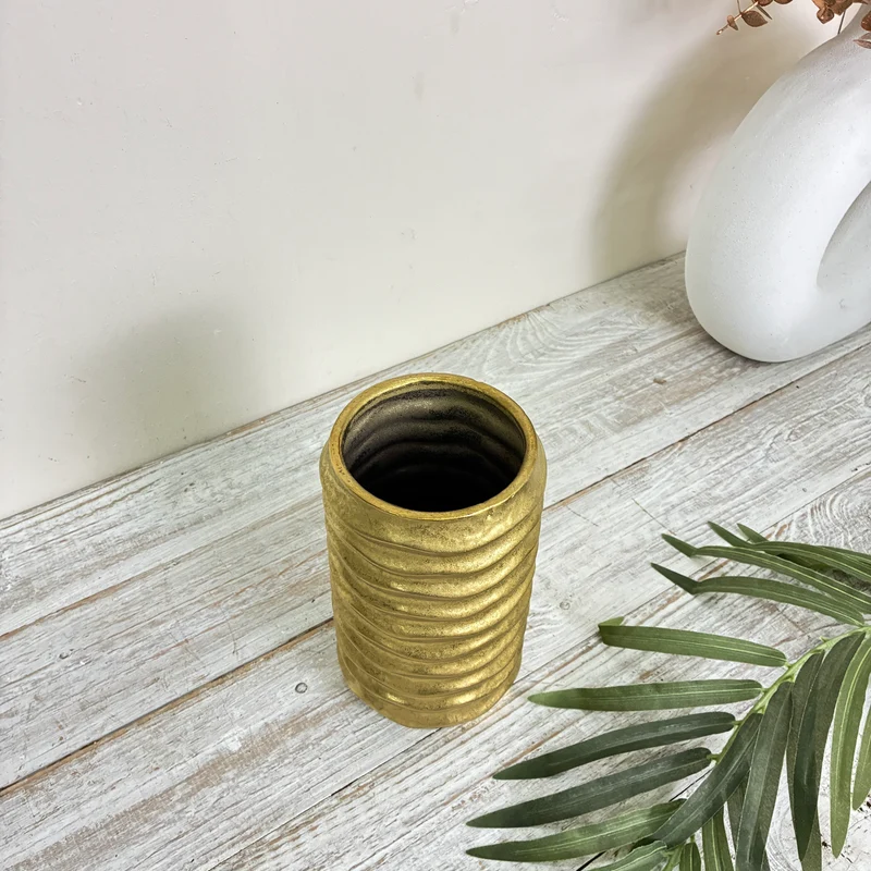PTMD Lodas Blumentopf Gold Vase Strukturierte Rillenform Deko