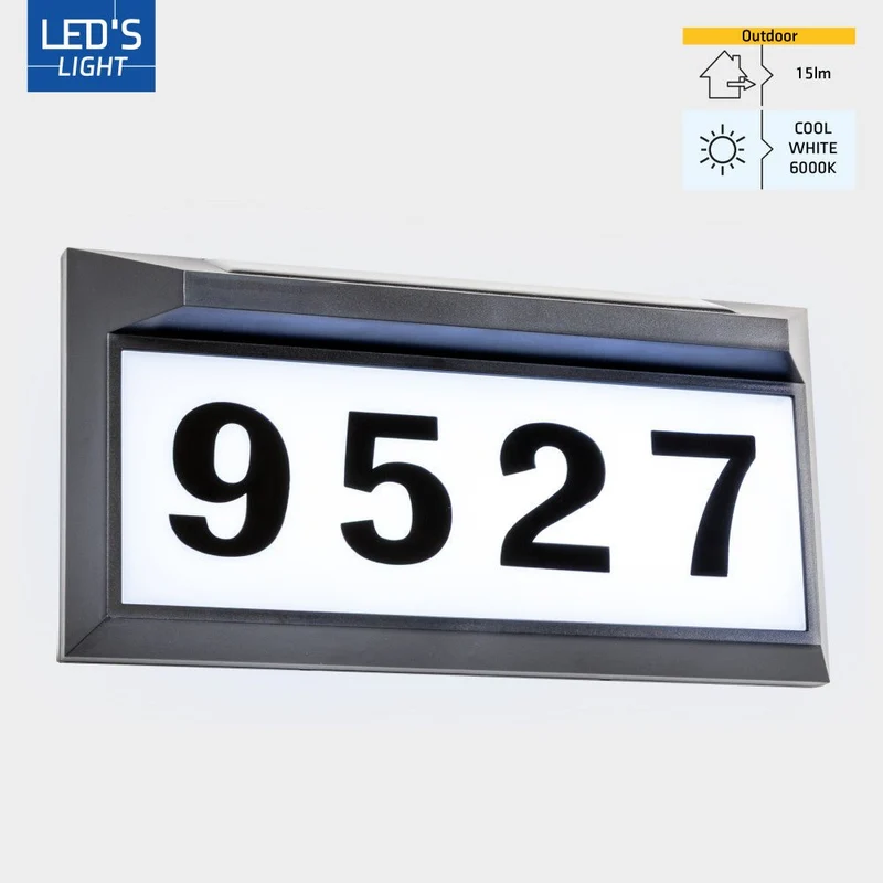 Solar LED Hausnummernschild 15lm 6000K kaltweiß Schwarz - LED's Light