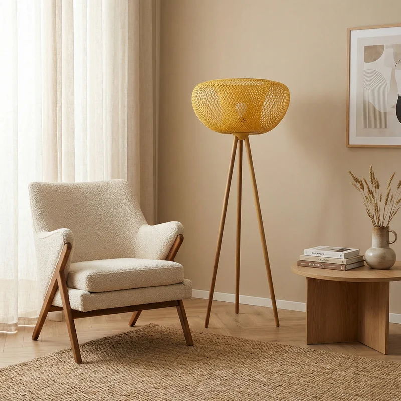 Stehlampe aus Rattan und schwarzem Metall für Wohnzimmer – Rotanique