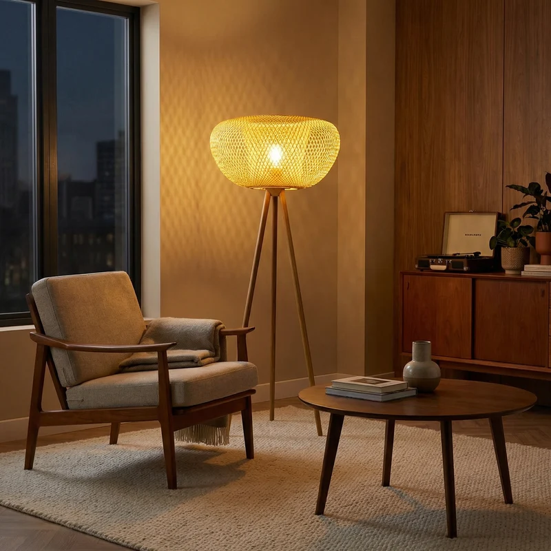 Stehlampe aus Rattan und schwarzem Metall für Wohnzimmer – Rotanique