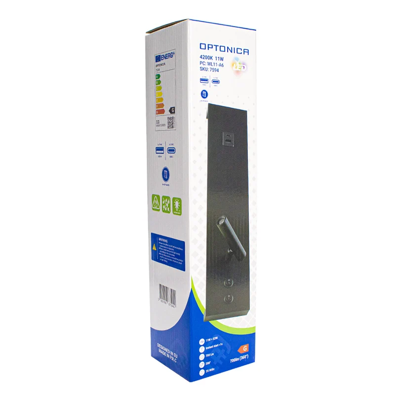 LED Wandleuchte - Nachttischlampe mit USB+C Anschluss und Schalter | Schwarz | 11W | 704 Lumen | Nicht dimmbar