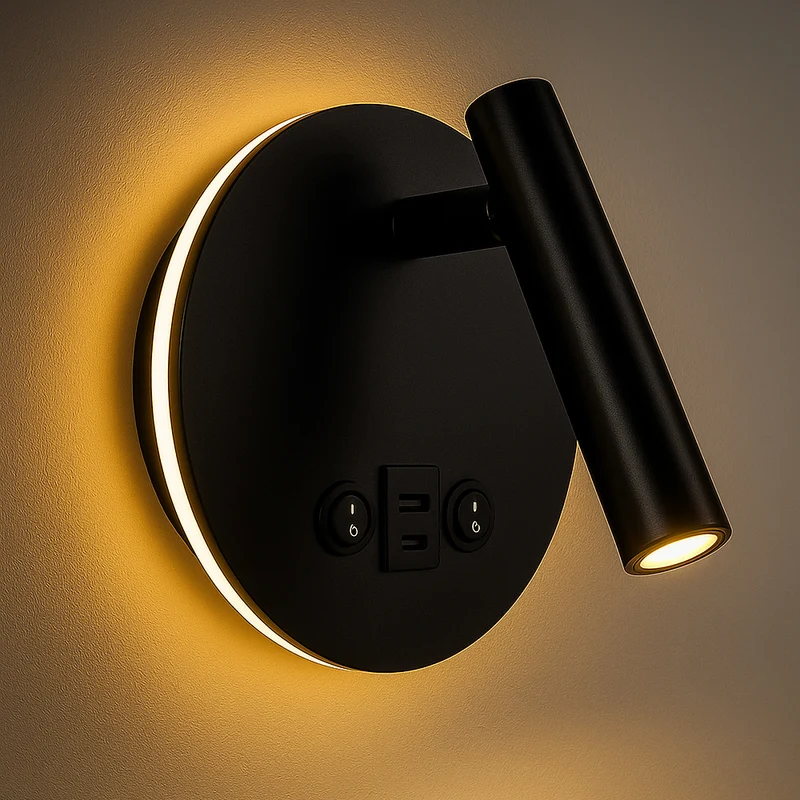 LED Wandleuchte - Nachttischlampe mit USB+C Anschluss und Schalter | Schwarz | 8W | 704 Lumen | Nicht dimmbar