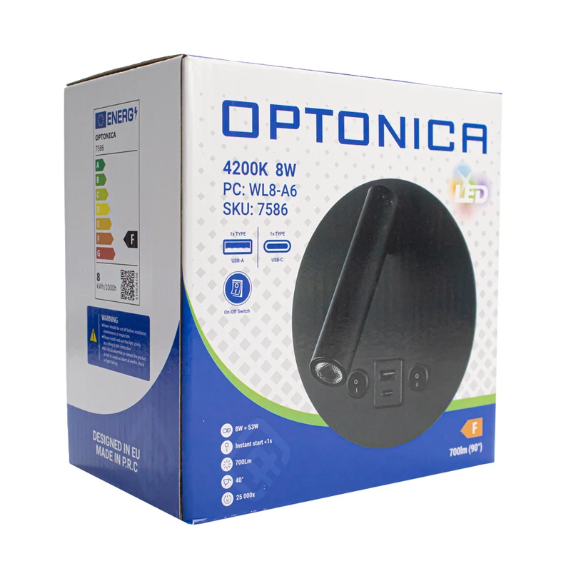 LED Wandleuchte - Nachttischlampe mit USB+C Anschluss und Schalter | Schwarz | 8W | 704 Lumen | Nicht dimmbar