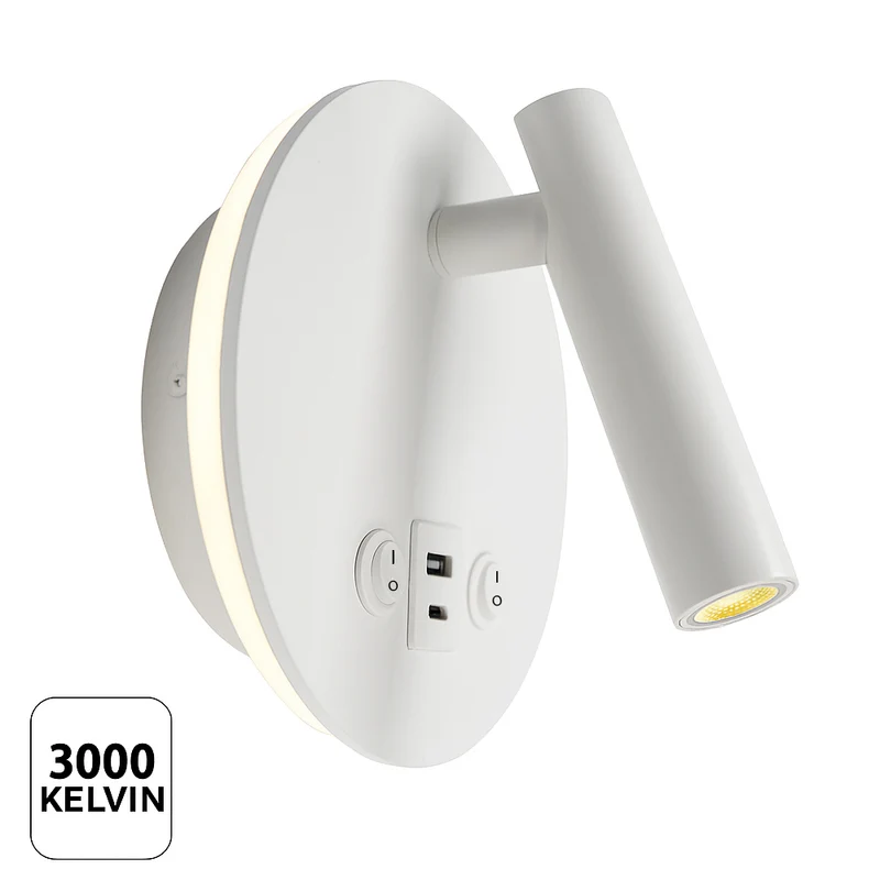 LED Wandleuchte - Nachttischlampe mit USB+C Anschluss und Schalter | Weiß | 8W | 704 Lumen | Nicht dimmbar