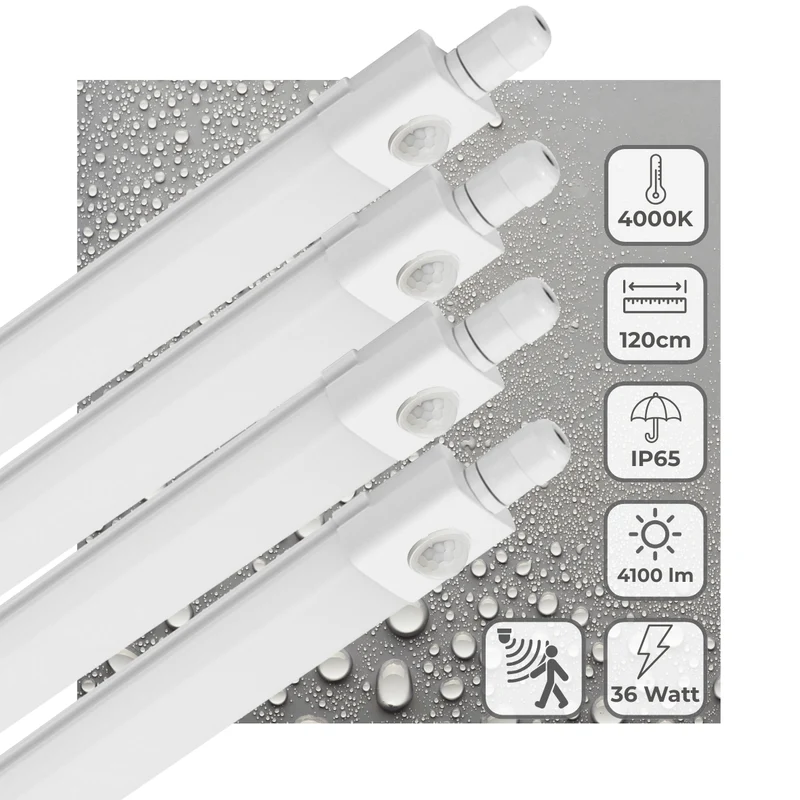 4x LED Feuchtraumleuchte 120cm 36W 4100 Lumen neutralweiß IP65 Feuchtraumleuchte LED mit Bewegungsmelder Wannenleuchte Feuchtraumlampe Deckenleuchte Keller Garage Werkstatt Außenbeleuchtung - LED's Light