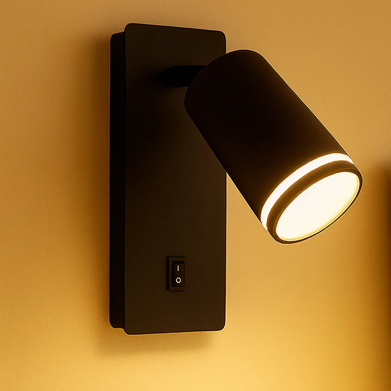 LED-Wandleuchte – Nachttischlampe mit Schalter | Schwarz mit weißem Ring | GU10-Fassung