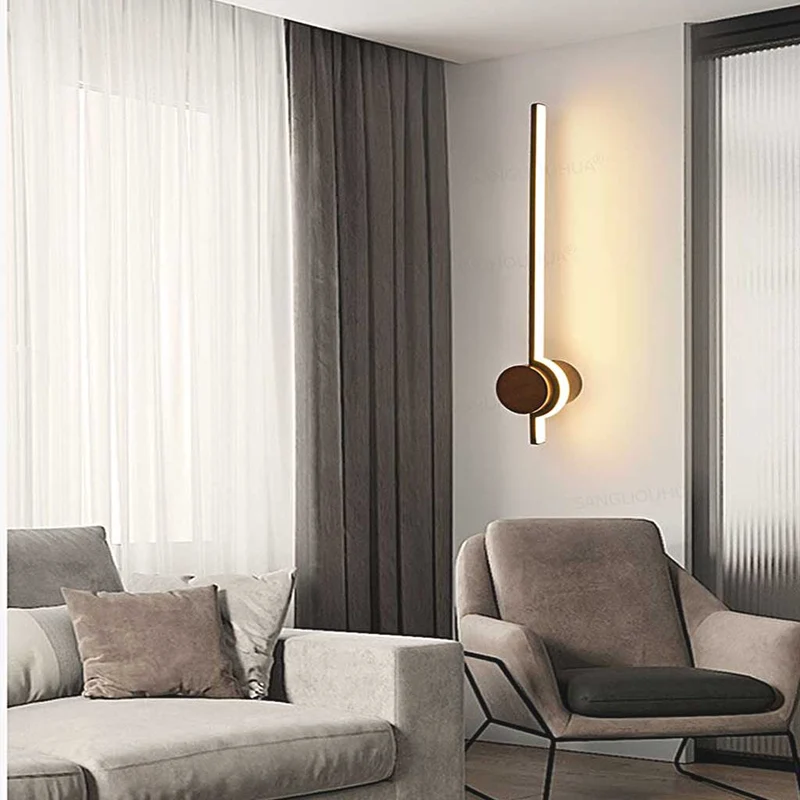 Wall Sconce Light Minimalist Cream LED Linear Wood, Log Color / Walnut Color
