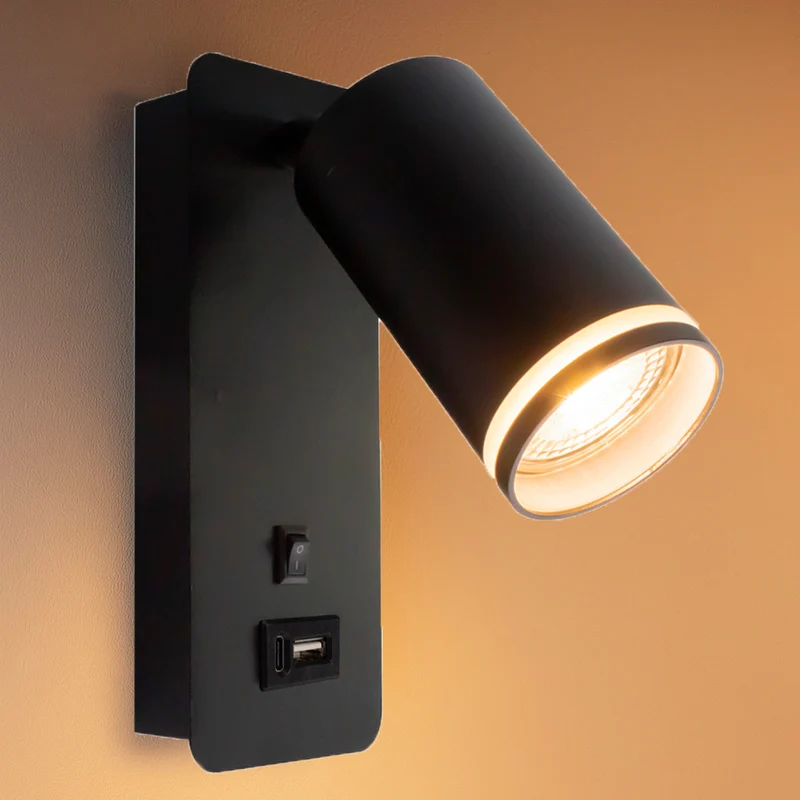 LED-Wandleuchte - Nachttischleuchte mit USB-C-Anschluss | GU10-Fassung | Schwarz