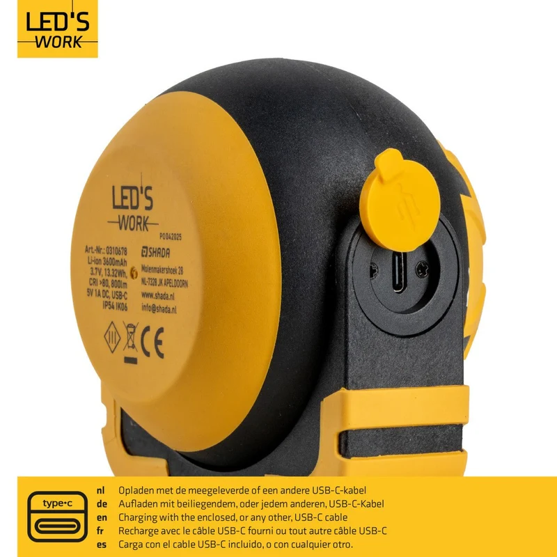 LED Akku Arbeitsleuchte 10W 800 Lumen 4000K neutralweiß IP54 tragbarer Baustrahler | USB-C wiederaufladbar, 2 Leuchtstufen bis 4h Laufzeit, Bauleuchte Werkstattleuchte Outdoor - LED's Work