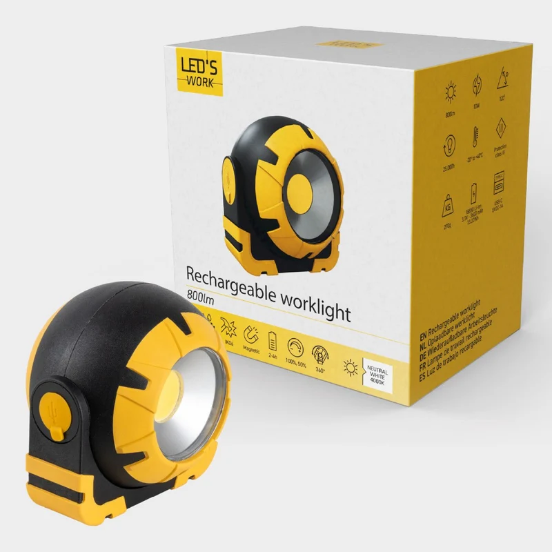 LED Akku Arbeitsleuchte 10W 800 Lumen 4000K neutralweiß IP54 tragbarer Baustrahler | USB-C wiederaufladbar, 2 Leuchtstufen bis 4h Laufzeit, Bauleuchte Werkstattleuchte Outdoor - LED's Work