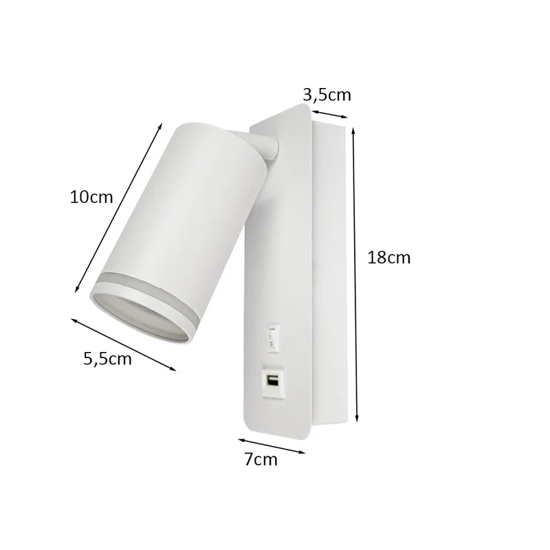LED-Wandleuchte - Nachttischleuchte mit USB+C-Anschluss | GU10-Fassung | Weiß