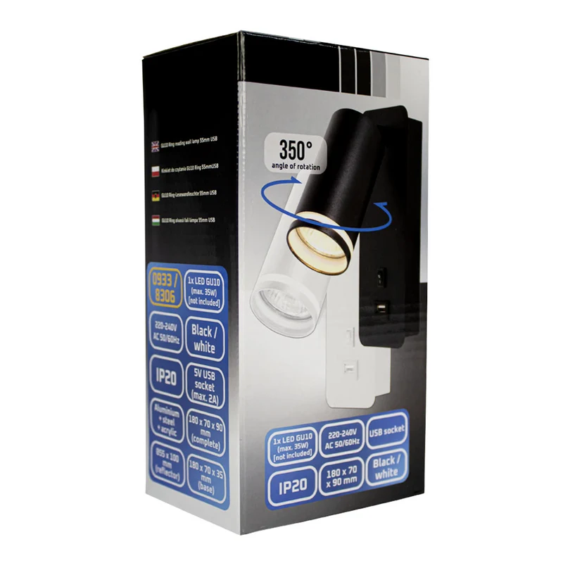 LED-Wandleuchte - Nachttischleuchte mit USB+C-Anschluss | GU10-Fassung | Weiß