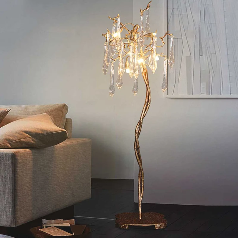 Floor Lamp Luxury Crystal Droplet Brass Branch, Gold