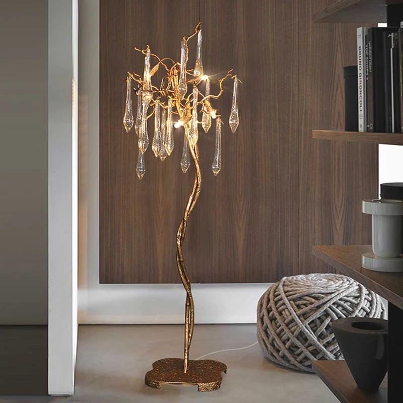 Floor Lamp Luxury Crystal Droplet Brass Branch, Gold