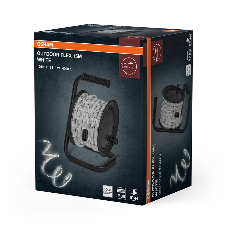 OSRAM Outdoor Flex LED Streifen 15M IP65, kaltweiß, bis 50 m erweiterbar, inkl. Kabeltrommel, Montagezubehör, Anschlusskabel