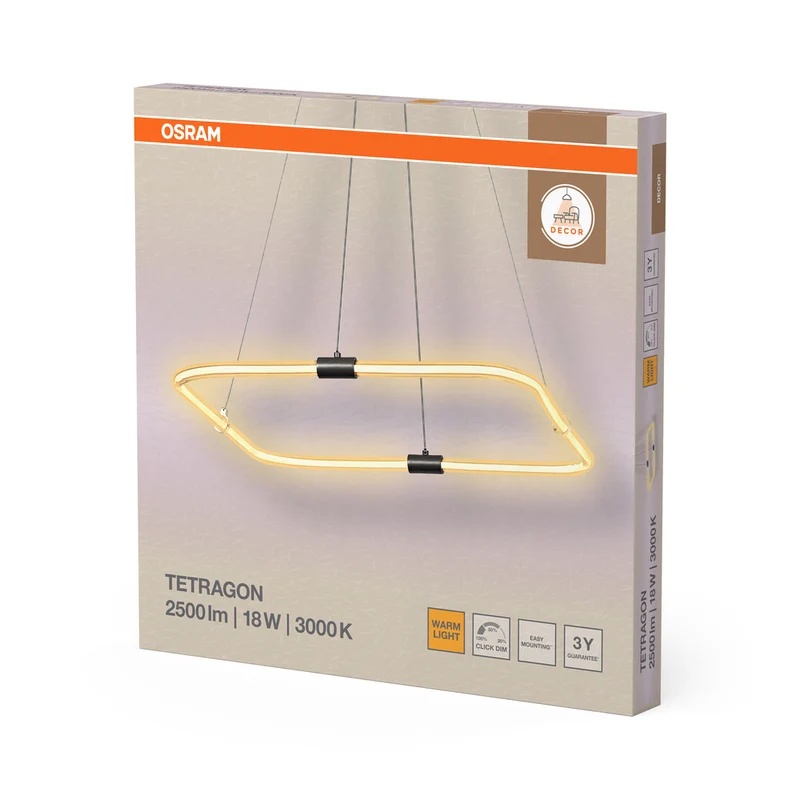 OSRAM DECOR Tetragon Pendelleuchte, 18W, 3000K, 2000lm, Warmweiß, Click DIM