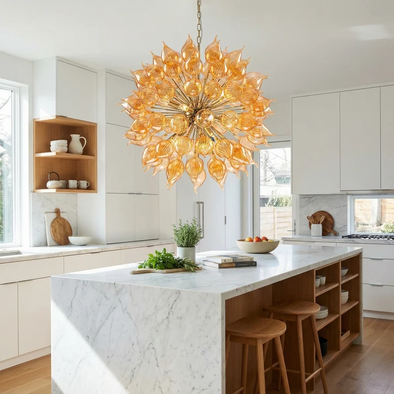Sputnik-Stil Kronleuchter aus orangefarbenem mundgeblasenem Glas – Dandelionis