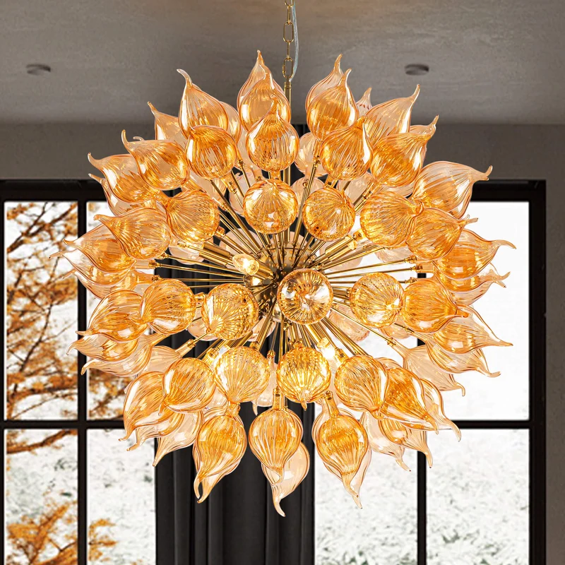 Sputnik-Stil Kronleuchter aus orangefarbenem mundgeblasenem Glas – Dandelionis