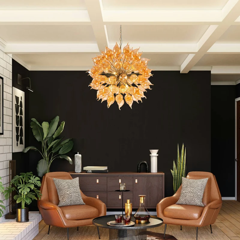 Sputnik-Stil Kronleuchter aus orangefarbenem mundgeblasenem Glas – Dandelionis