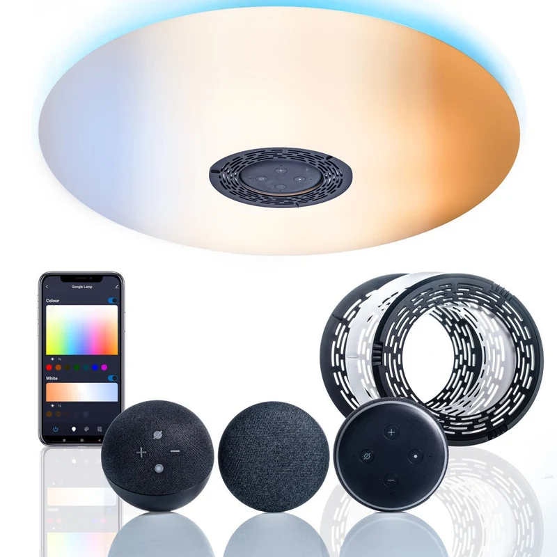 VoiceControl LED Deckenleuchte 50 cm mit Google Nest & Amazon Echo Dot Halterung – Bedienbar per App