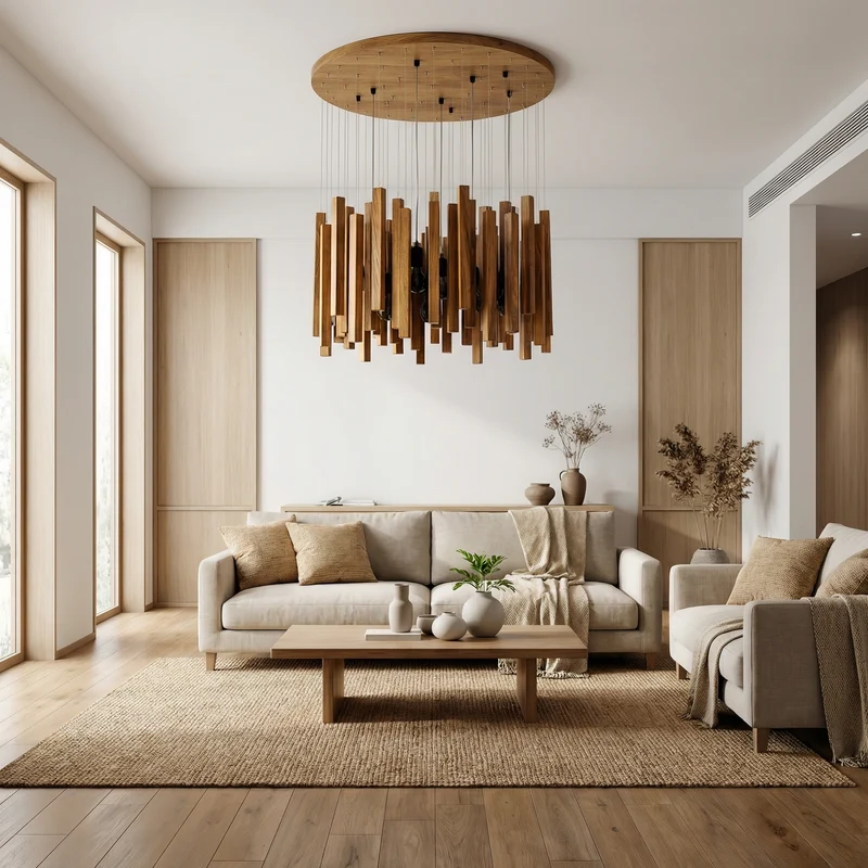 Vergoldete Holzpendelleuchte für Wohnzimmer – Zénithar