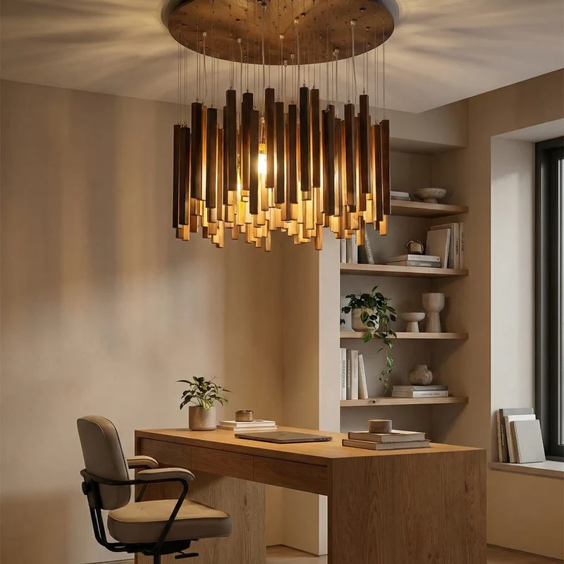 Vergoldete Holzpendelleuchte für Wohnzimmer – Zénithar