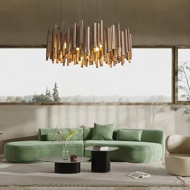 Vergoldete Holzpendelleuchte für Wohnzimmer – Zénithar