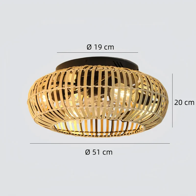 Leiser Deckenventilator mit Licht aus Bambusgeflecht