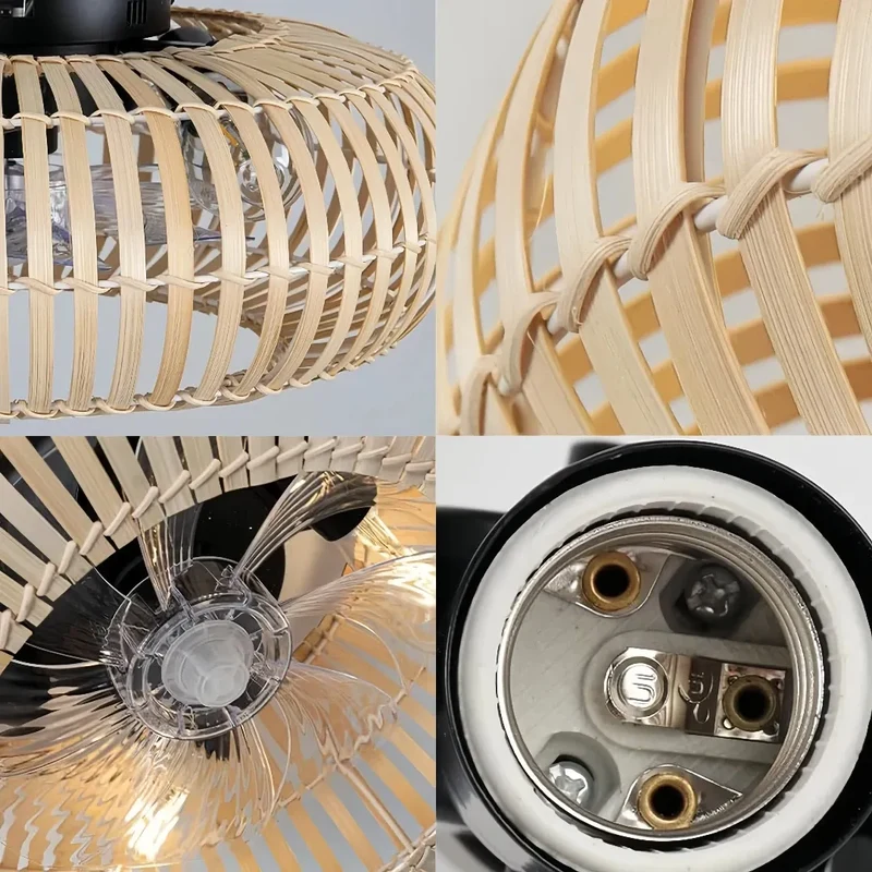 Leiser Deckenventilator mit Licht aus Bambusgeflecht