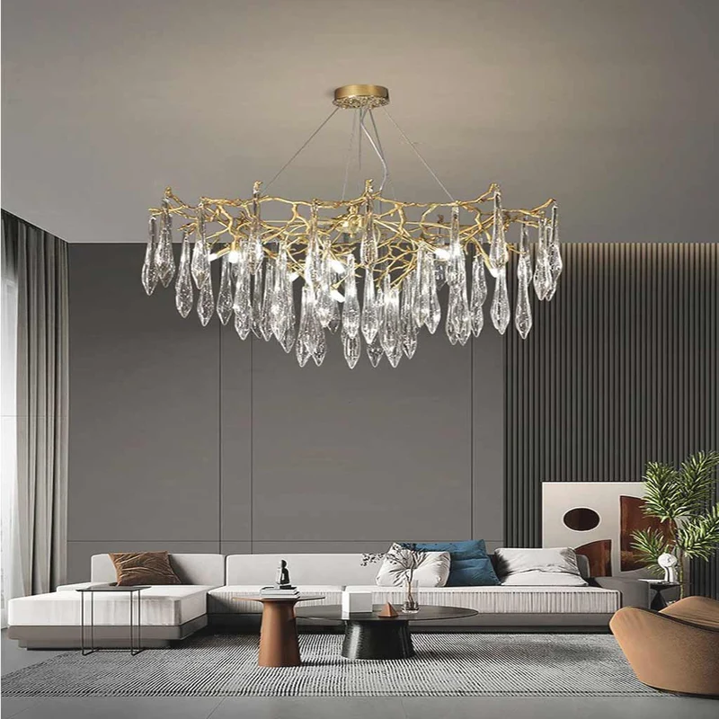 Chandelier Elegant Luxury Branch Brass Crystal Drop