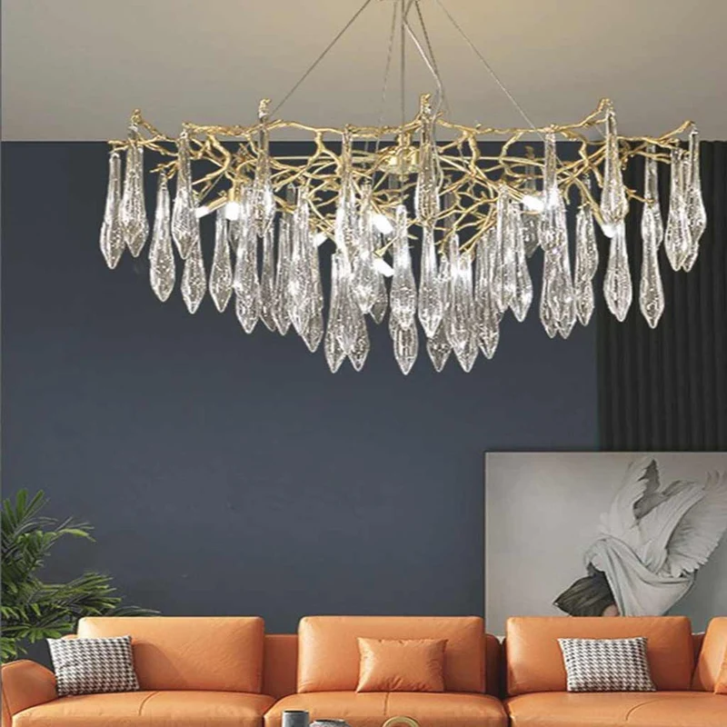 Chandelier Elegant Luxury Branch Brass Crystal Drop