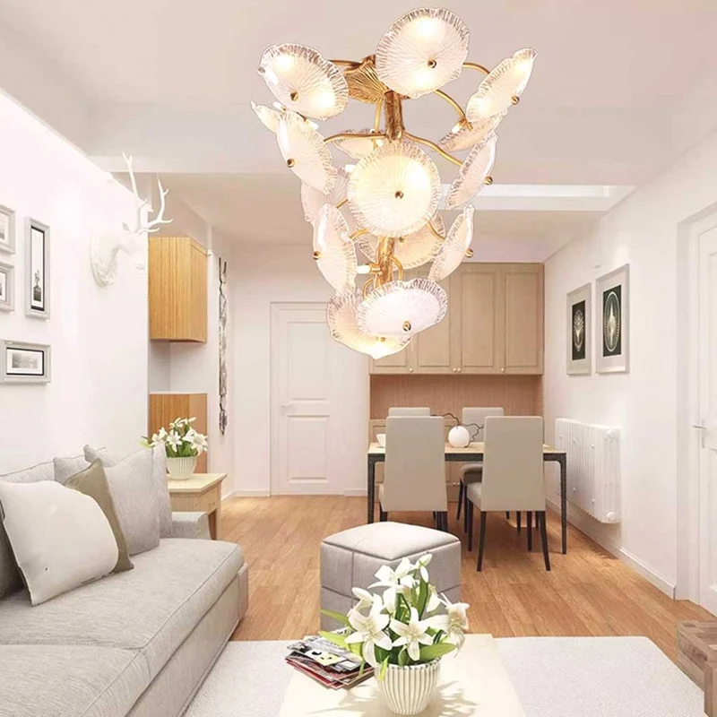 Chandelier Post-Modern High Ceiling Artistic Brass Branch Lotus