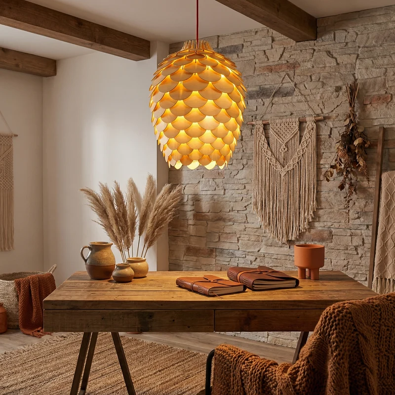 Hängelampe aus geschnitztem Naturholz im Chic-Stil – Orena