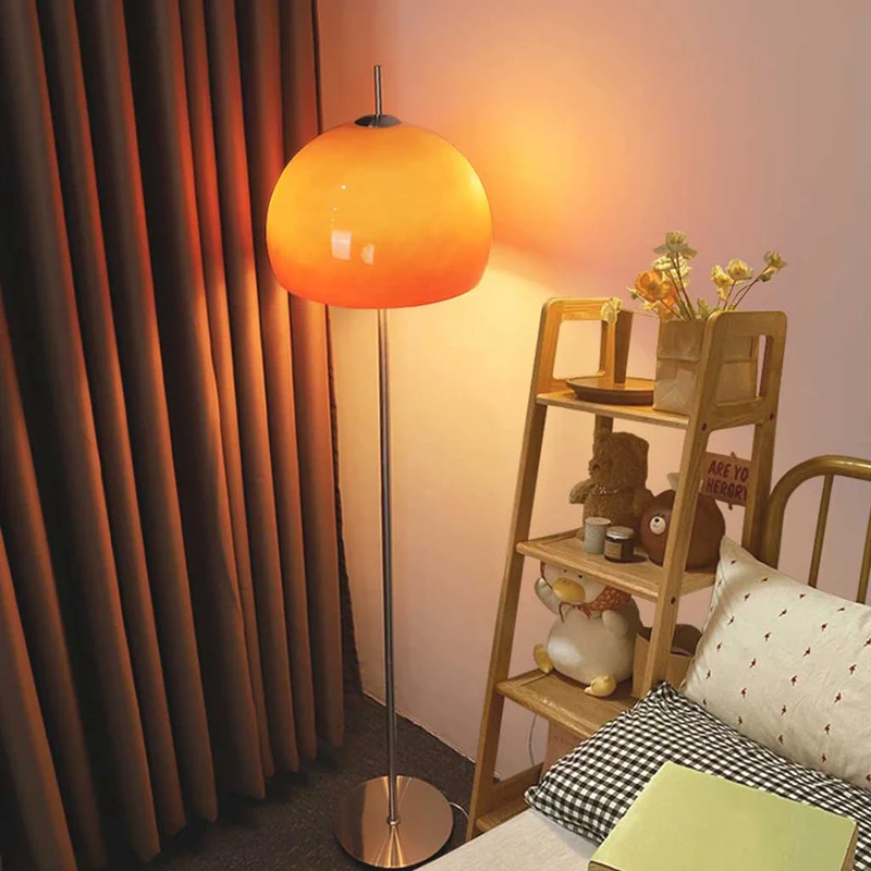 Floor Lamp Retro Bauhaus Mushroom Dome Glass, White / Orange
