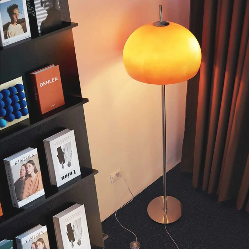 Floor Lamp Retro Bauhaus Mushroom Dome Glass, White / Orange