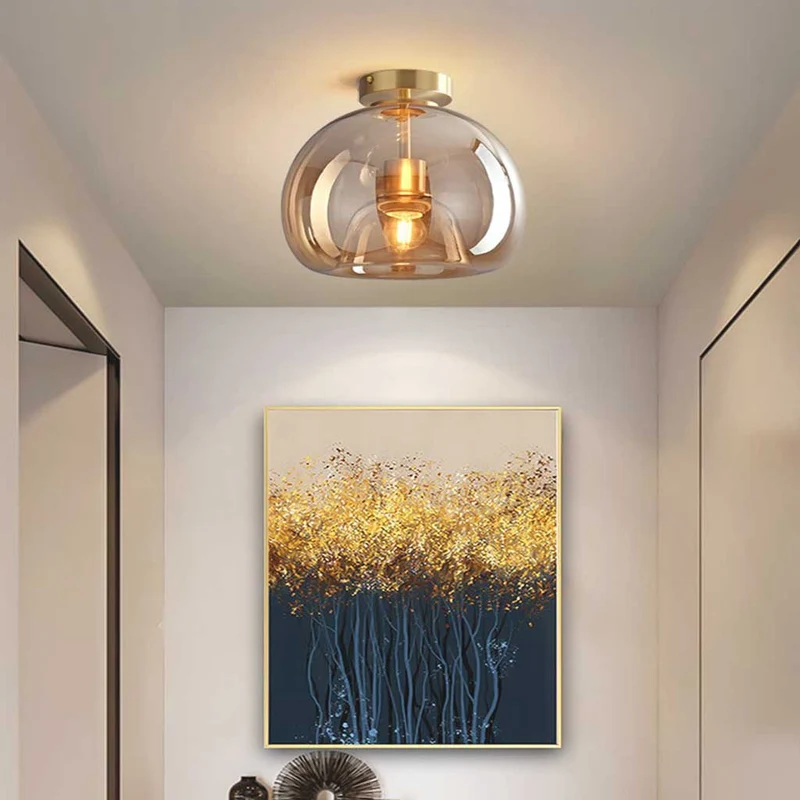 Semi-Flush Mount Ceiling Light Modern Glass Globe, Black / Gold